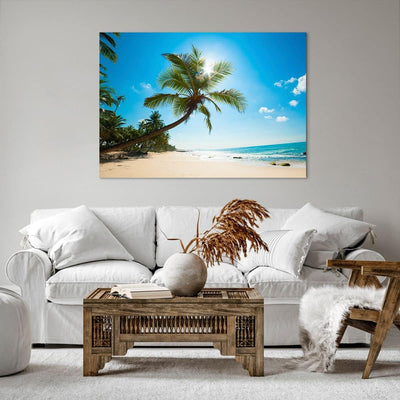 Bilder auf Leinwand 100x70cm Leinwandbild mit Rahmen Strand Palme Meer Gross Wanddeko Bild Schlafzim