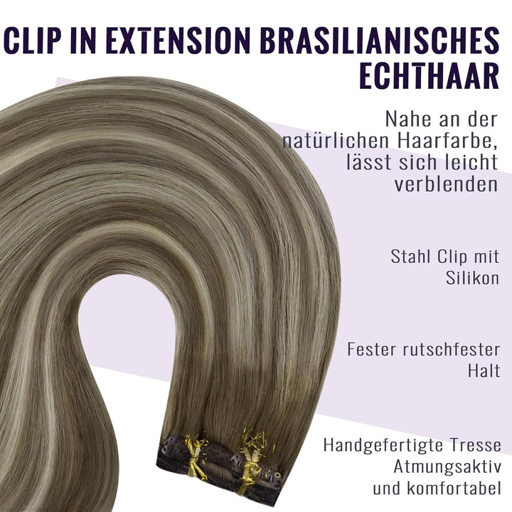 Fshine Clip in Extensions Echthaar 40cm 7 Stücke 120g Hair Extensions Clip in Echthaar Balayage Brau