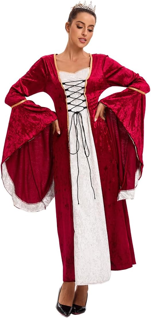 Damen Retro Mittelalter Kleid mit Trompetenärmel, Mittelalterliche Viktorianischen Königin Kleider R