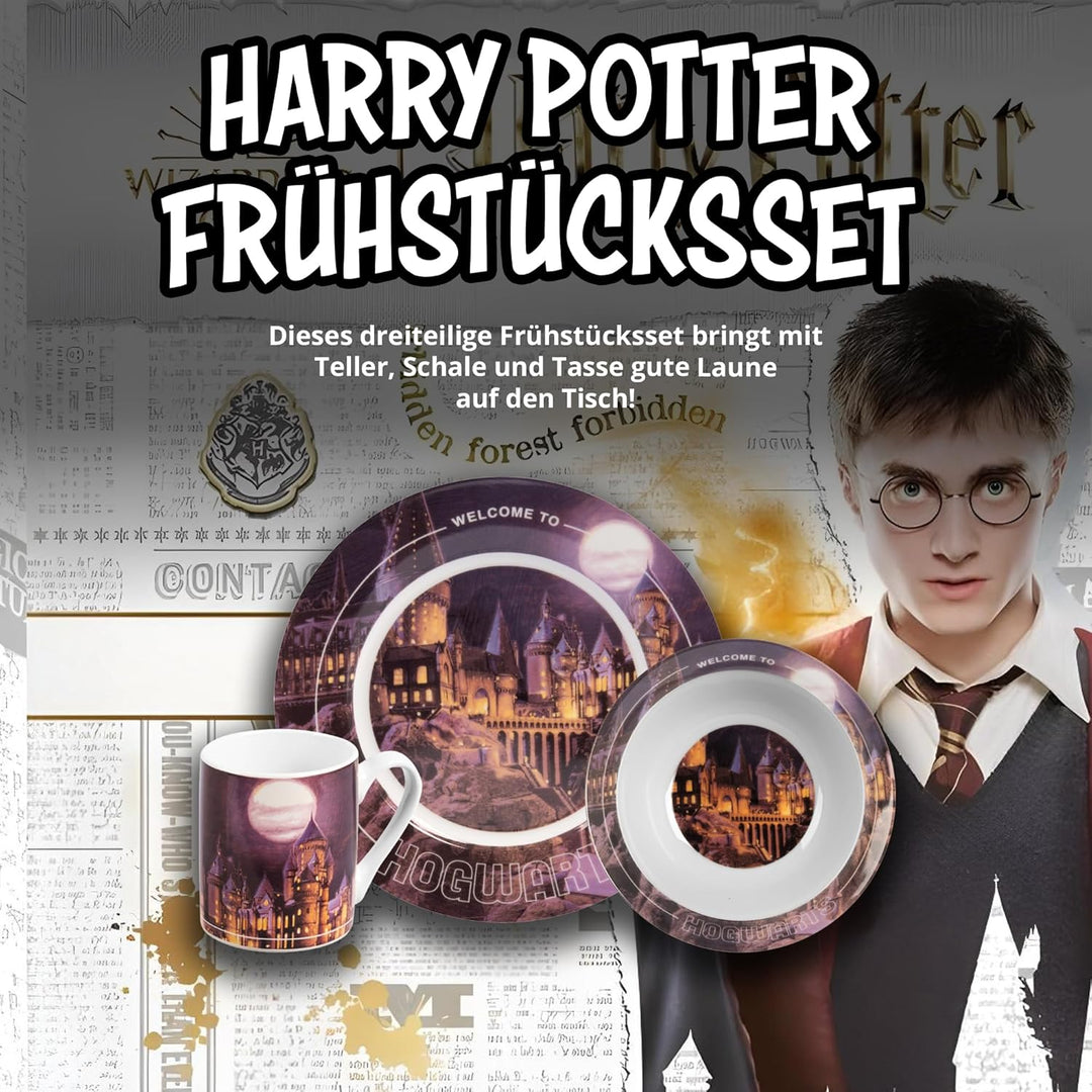 United Labels Harry Potter Frühstücksset Kinder, mit Hogwarts Motiv, Geschirr Set Porzellan, 3-teili