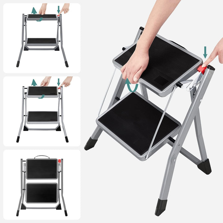 SONGMICS Klapptritt mit 2 Stufen, Trittleiter, Leiter, 20 cm breite Stufen, rutschfeste Gummimatte,