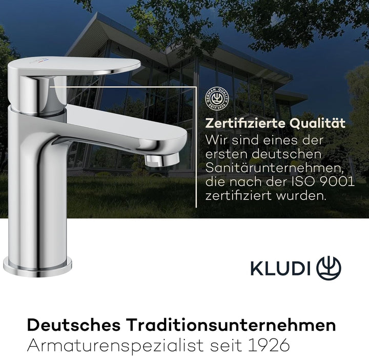 KLUDI-X1 Waschtischarmatur, Auslaufhöhe 95 mm, wassersparender Wasserhahn Bad Grösse M, Keramikkartu
