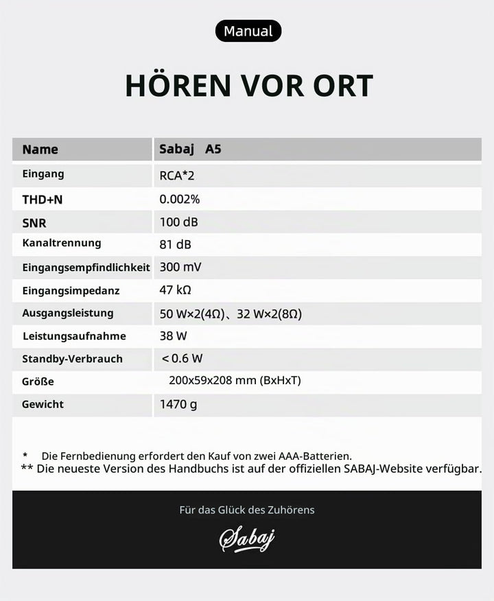 SABAJ A5 Leistungsverstärker mit zwei analogen Eingängen, ICEpower-Modul im Retro-Look, RCA*2-Eingan
