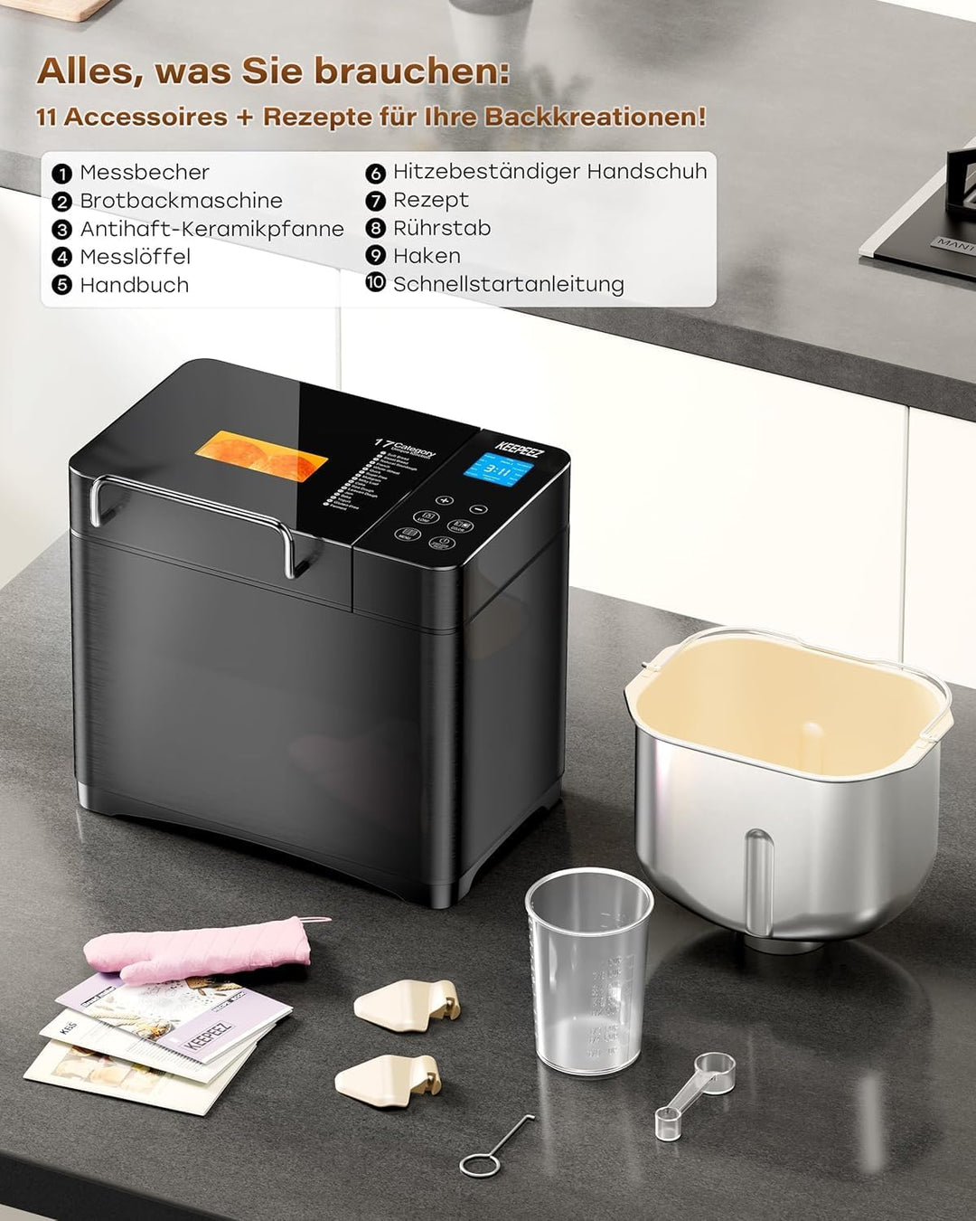 710W 1KG Konvektions Brotbackautomat mit Doppelten Heizrohren, 17 in 1 Edelstahl Brotbackmaschine, K