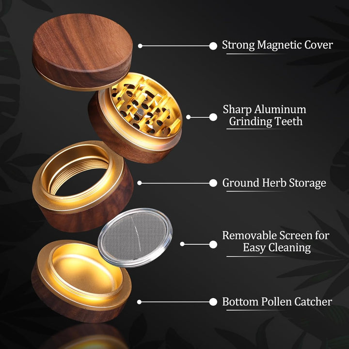 Holz Gewürzmühle mit Magnetdeckel, Feinsieb &amp; Aluminiumkern, Ø 63 mm, Gold | Walnussholz-Gewürzmühle