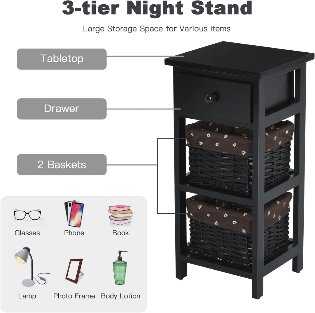 GIANTEX Nachttisch Nachtschrank, Nachtkommode mit Schublade & 2 Körben, Korbkommode Antik, Nachtkons