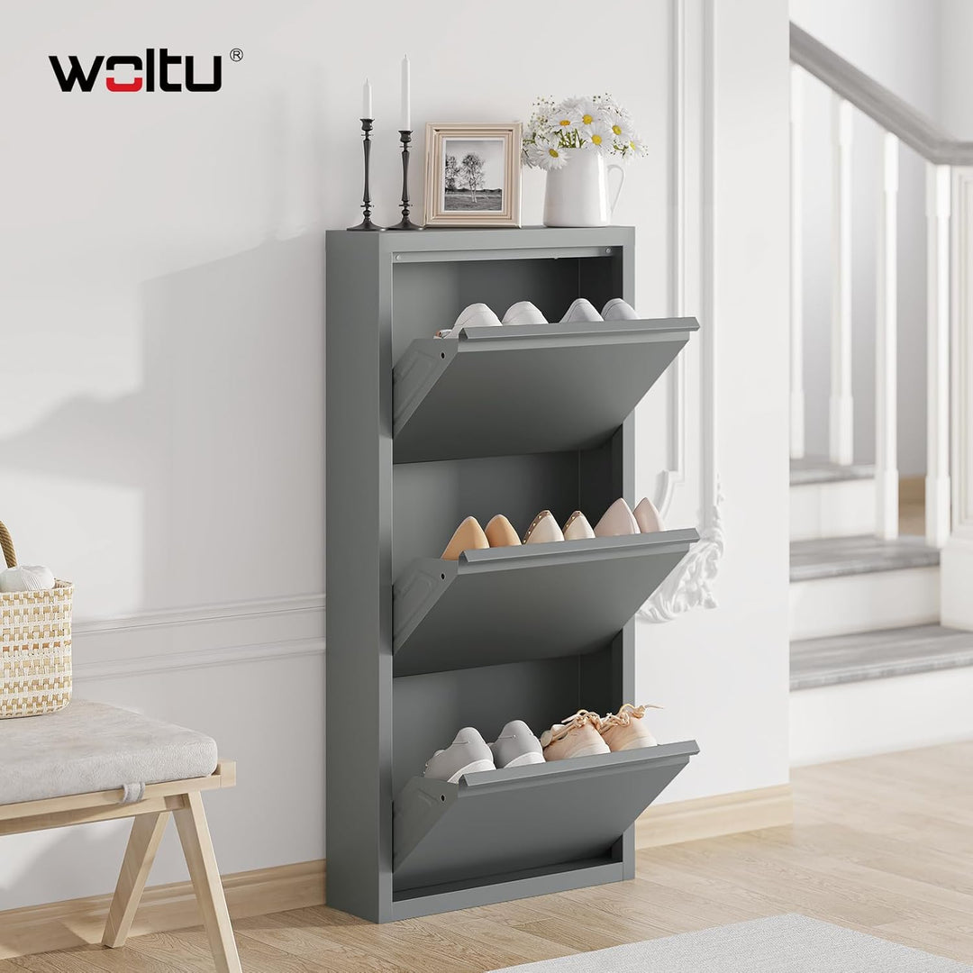 WOLTU Schuhschrank, mit 3 Klappen, Schuhregal, Schuhkipper, für 9 Paar Schuhe, aus Metall, für Flur