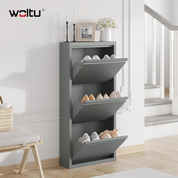 WOLTU Schuhschrank, mit 3 Klappen, Schuhregal, Schuhkipper, für 9 Paar Schuhe, aus Metall, für Flur