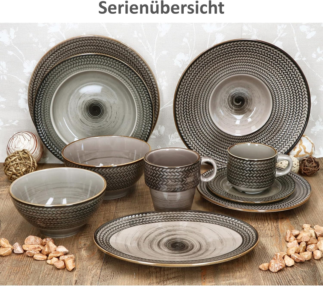 MÄSER Prospero 6er Set Suppenteller I 220ml I braune Porzellan-Teller mit Relief für 6 Personen I Ti