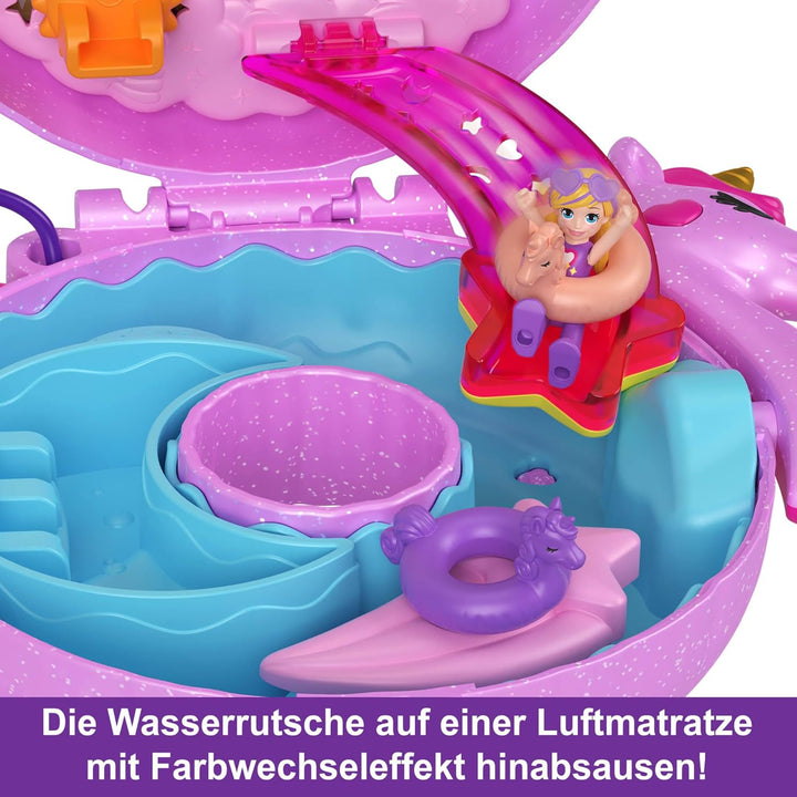 Polly Pocket-Puppen und -Spielsets, 12 Zubehörteile, Einhornfloss-Schatulle mit Wasserspass und 2 Te