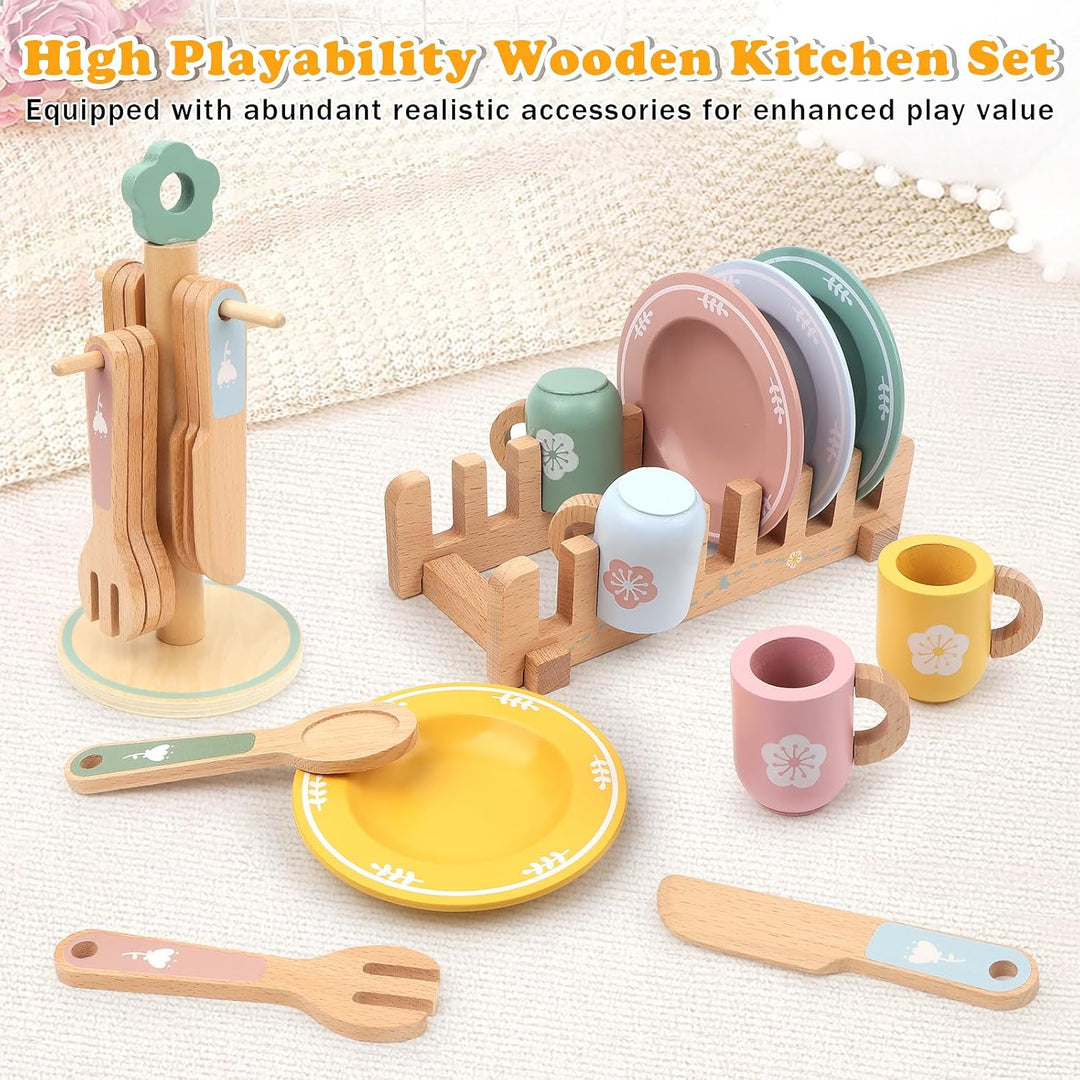 Kinderküche Zubehör Kinderküche Geschirr, Spielküche Zubehör Holz mit Tassen Teller, Bunt Teeservice