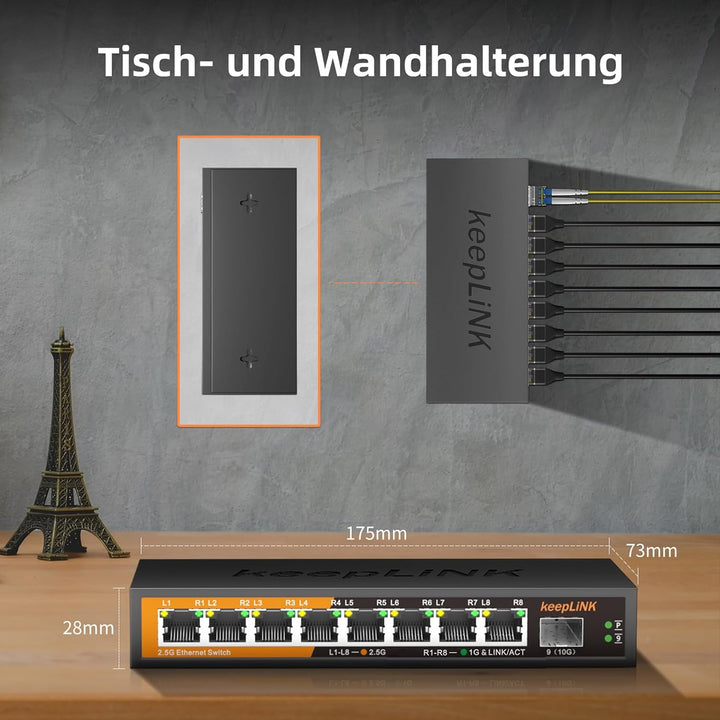 keepLiNK 8 Port 2,5-Gigabit LAN Switch mit 1 x 10G SFP Slot, 60Gbps Switching Capacity, Unmanaged, P