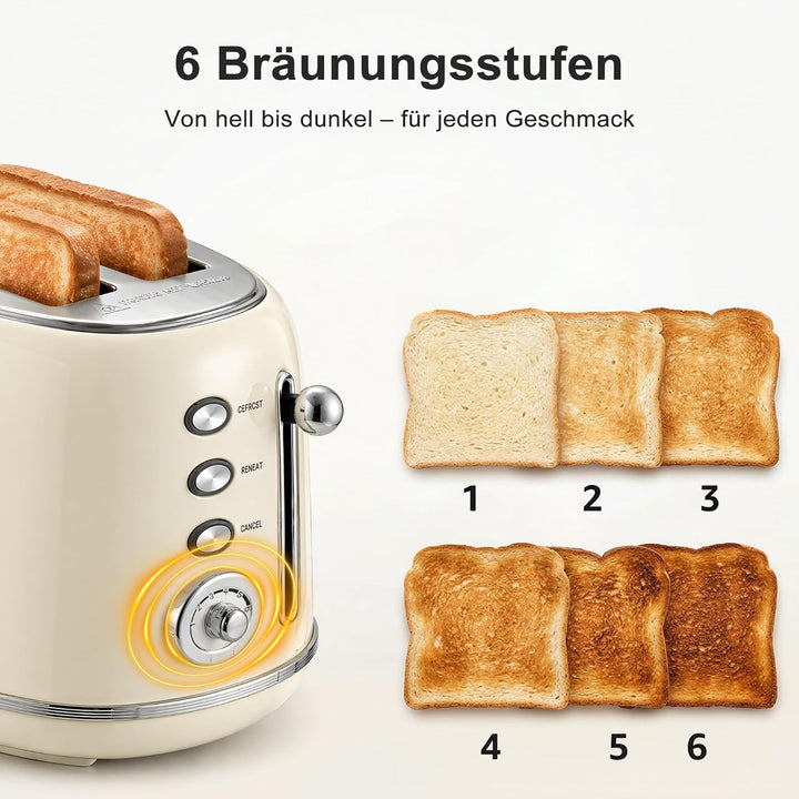 Retro Toaster 2 Scheiben Edelstahl – Brötchenaufsatz, 6 Röststufen, Vorheiz- und Auftaufunktion, Abs