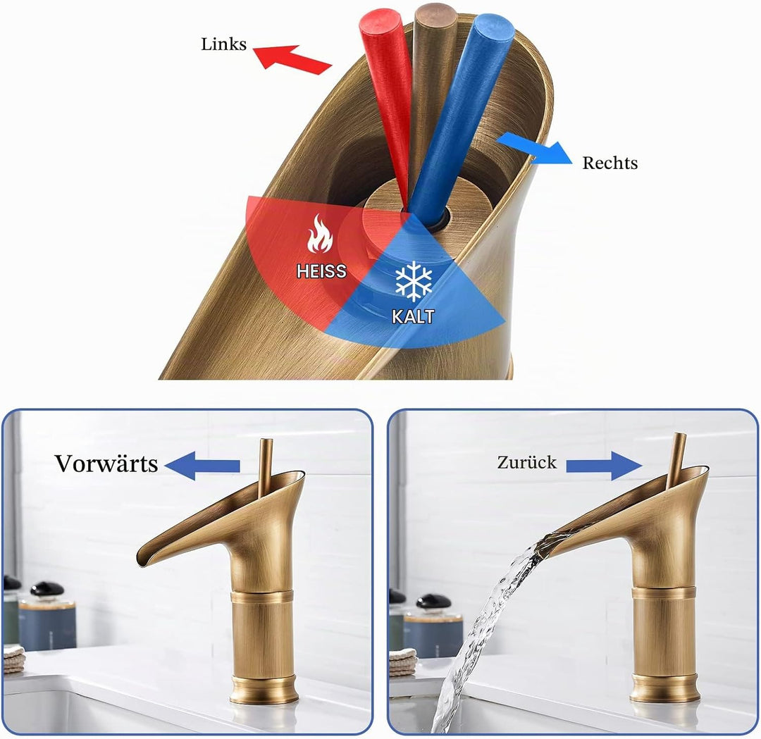 ROWINNAO Wasserfall Wasserhahn Bad Antik Messing, Kurz Waschtischarmatur Bad Retro Gold, Einhebel Ba
