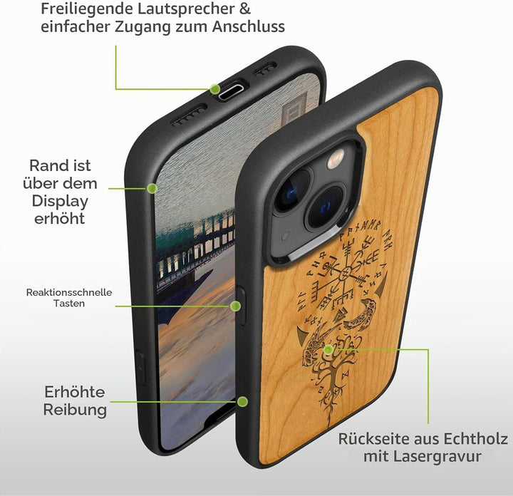 Carveit Magnetisch Hülle für iPhone 14 Plus [Elegante Kirschholz] [Weich TPU Stossstange] Stossfeste