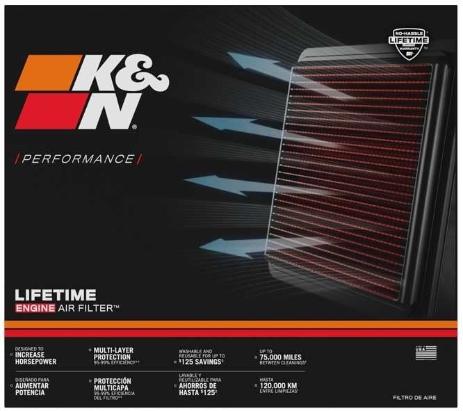 K&amp;N Motor-Luftfilter: wiederverwendbar, alle 75.000 Meilen reinigen, waschbar, Premium, Ersatz-Auto-