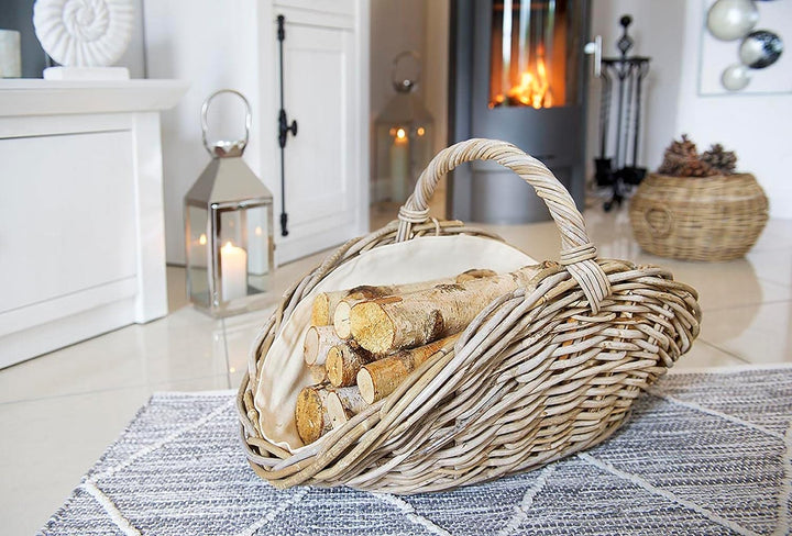 Kobolo Kaminholzkorb oval Kubu grey aus Rattan mit Henkel und Leinen ausgeschlagen Grau Leinen, Grau