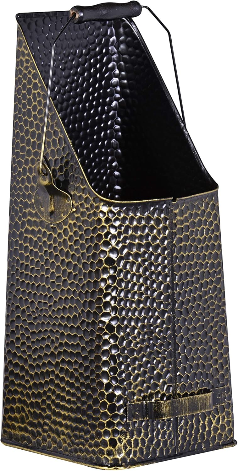 FIREFIX 2080 Kohle- / Pelletschütte mit Haltegriffen, Stahl gehämmert messingfarbig, 210 x 210 x 500