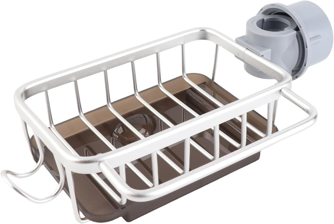 Küchenarmatur-Schwammhalter, Waschbecken-Wasserhahn-Caddy-Organizer mit Abtropfschale für Spülmittel