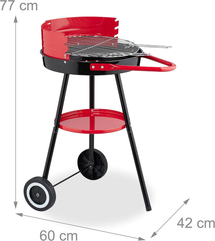 Relaxdays Holzkohlegrill mit Rollen, Ø 42 cm, Picknickgrill Garten & Park, Griller, Windschutz, Rund