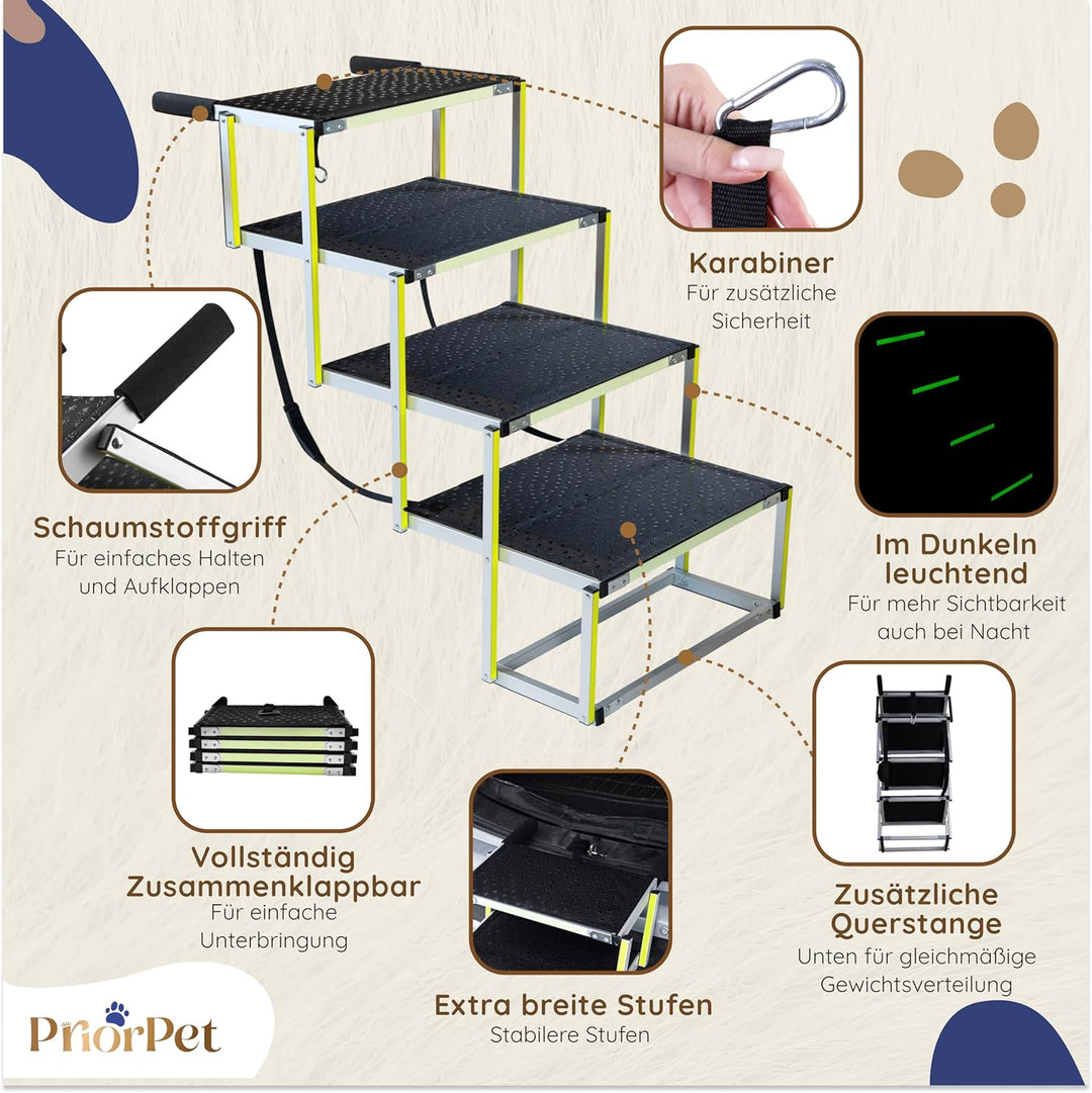 Hundetreppe Auto Klappbar – Extra breite Hundetreppe für Grosse Hunde – Für hohe Autos – Leuchtend i