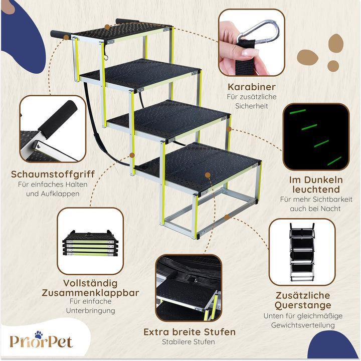 Hundetreppe Auto Klappbar – Extra breite Hundetreppe für Grosse Hunde – Für hohe Autos – Leuchtend i