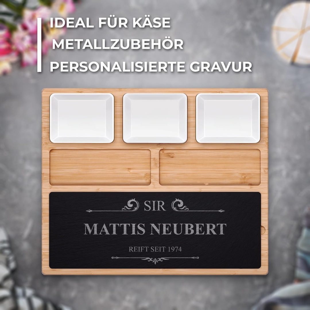 Maverton Servierplatte mit Gravur - Käsebrett mit personalisierter Steinplatte + 3 Keramikschalen -