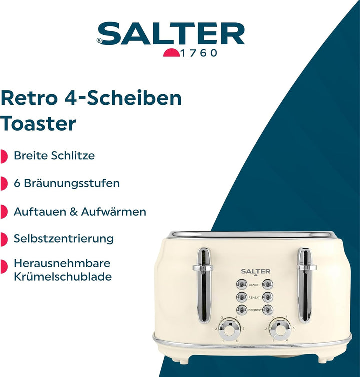 Salter Retro Toaster 4 Scheiben – Breite Schlitze, 6 Bräunungsgrad, Auftauen, Aufwärmen, Abbrechen F