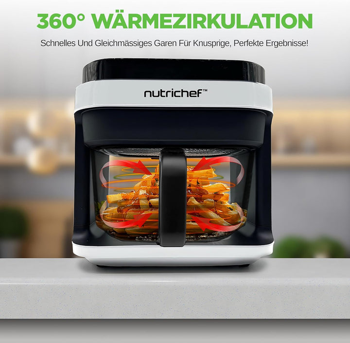 NutriChef Heissluftfritteuse 5,5L Weiss – Elektrische 8-in-1 Airfryer mit Glasbehälter &amp; LED-Touchdi