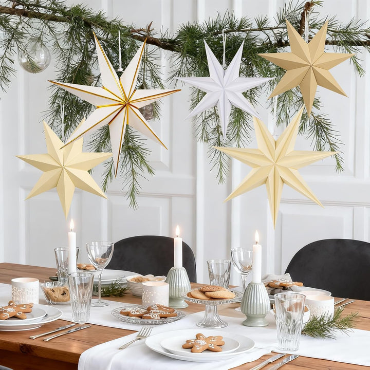 SUNBEAUTY 5 Stück Papiersterne zum Aufhängen Weiss,Braun Papiersterne Weihnachten 7 Zacken Faltstern