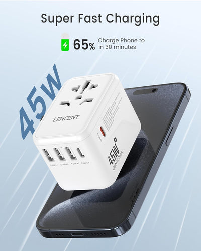 LENCENT Universal Reiseadapter, GaN III 45W Internationales Ladegerät mit 3 USB & 2 USB-C PD Schnell