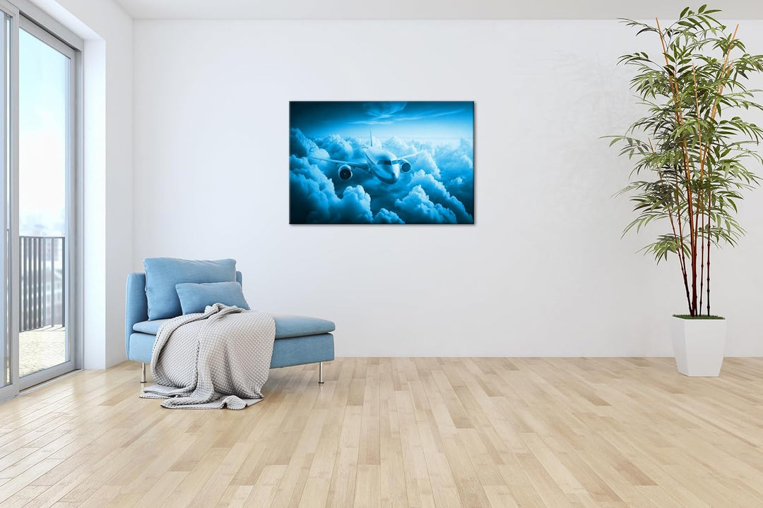 deyoli Flugzeug beim Sonnenaufgang Format 80x60 Effekt: Monocrome Blau als Leinwandbild, Motiv ferti