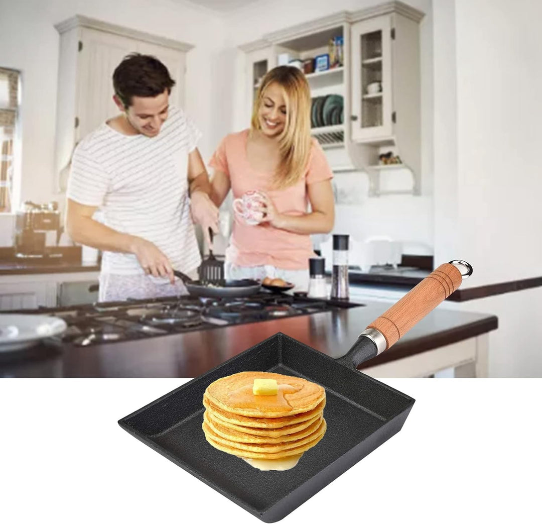 Pokerty Tamagoyaki-Pfanne, Mini-Bratpfanne Omelett-Pfanne aus Eisenguss mit Anti-Heissholzgriff für