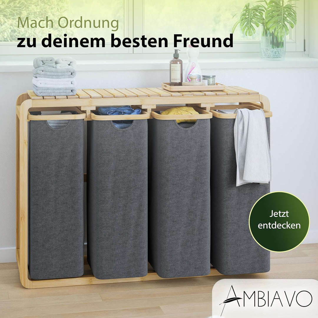Wäschekorb 4 Fächer grau 200 L – Platzsparendes Design – 50L pro Fach - Stabile Bambuskonstruktion –
