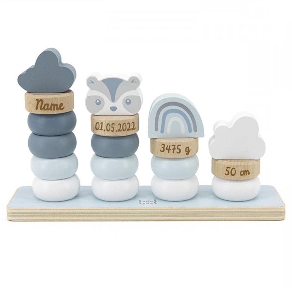 Elefantasie Stapelringe aus Holz blau personalisierbar mit Name und Geburtsdaten Baby Geschenk mit G