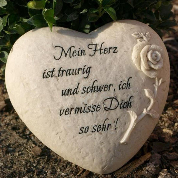 Trauerherz Grab Spruch aus Polyresin - Mein Herz ist Traurig und Schwer, ich Vermisse Dich so Sehr -