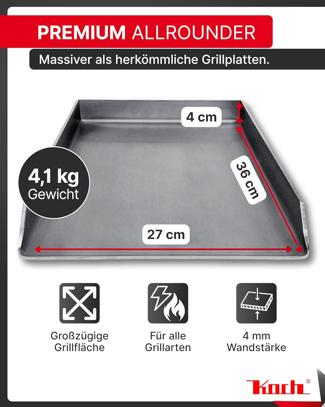 KOCH #37 PLANCHA 36 x 27 x 4cm Höhe 40mm - Grillpfanne Grillplatte Burger- Steakplatte made in Germa