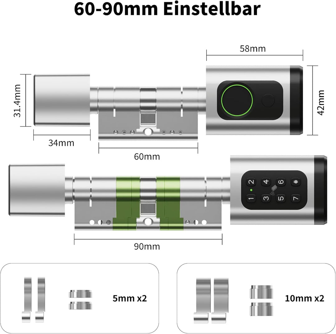 Türschloss Fingerabdruck Smart Lock, Schliesszylinder 60-90mm(30/30,45/45), Elektronisches Fingerabd