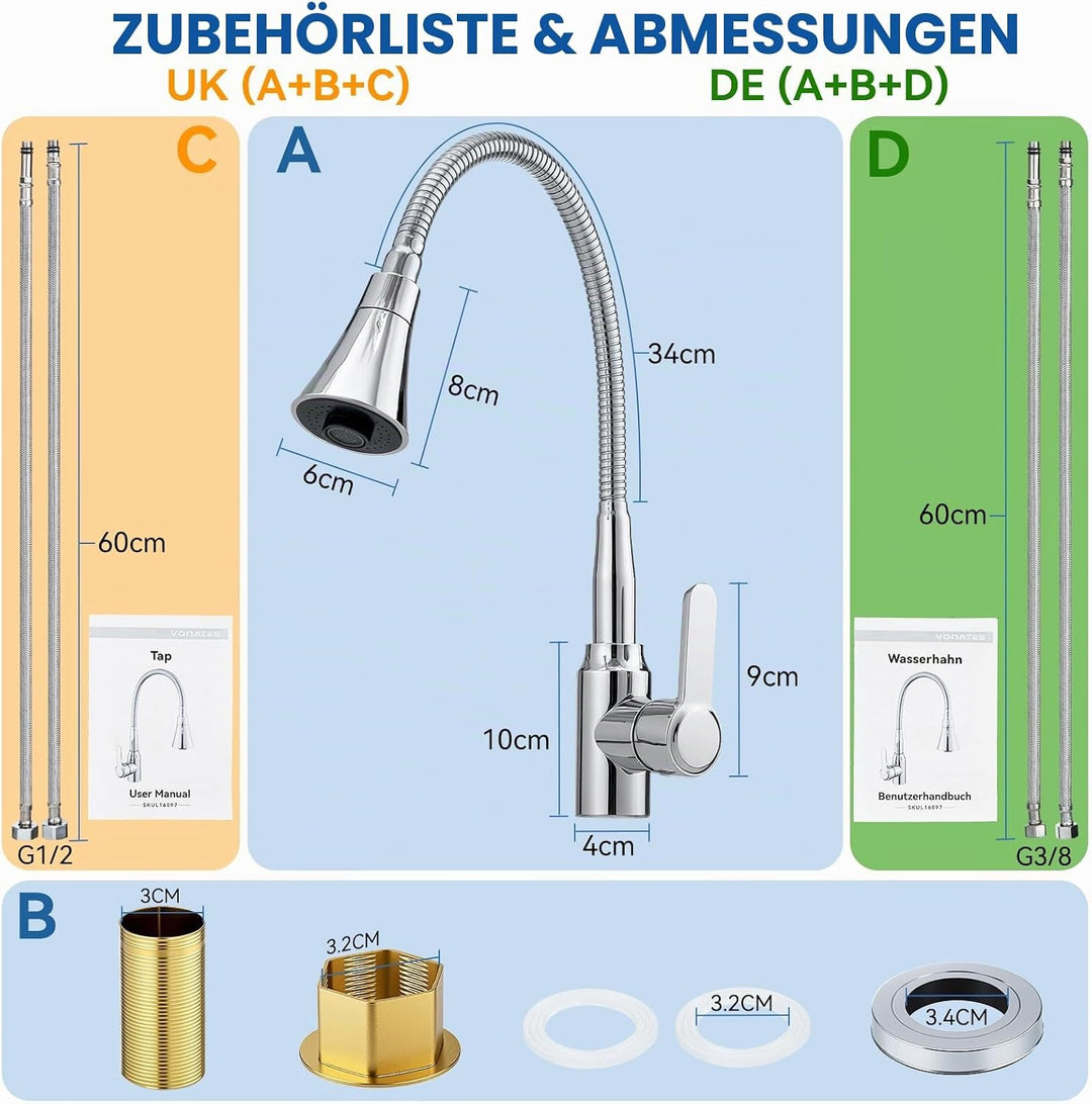 Wasserhahn Küche, Küchenarmatur 360° Schwenkbar, Küchenarmaturen Zwei Sprühfunktionen, Spülarmaturen
