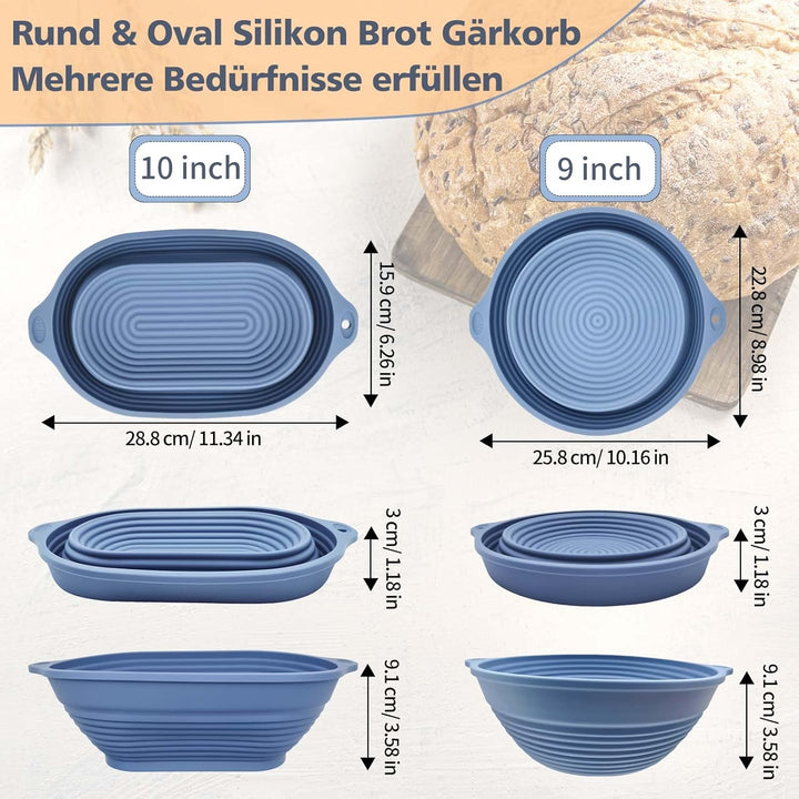 Silikon Gärkörbchen für Brot, 28 cm Gärkorb Oval und 25 cm Gärkorb Brot Rund, Faltbarer, Verbesserte