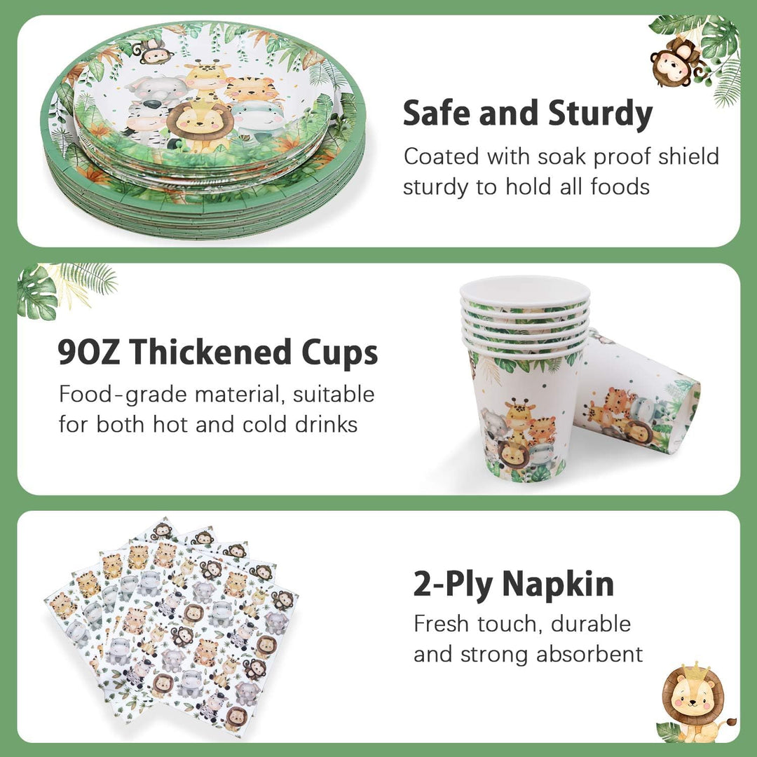 100pcs Dschungel Safari Partygeschirr Set für 25 Gäste, wiederverwendbare Pappteller Tassen Serviett