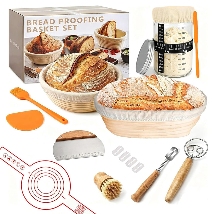 Sauerteig Starter Set mit 2 Gärkörbchen (rund 23cm &amp; oval 25cm), Glasgefäss Teigschaber Leineneinsat
