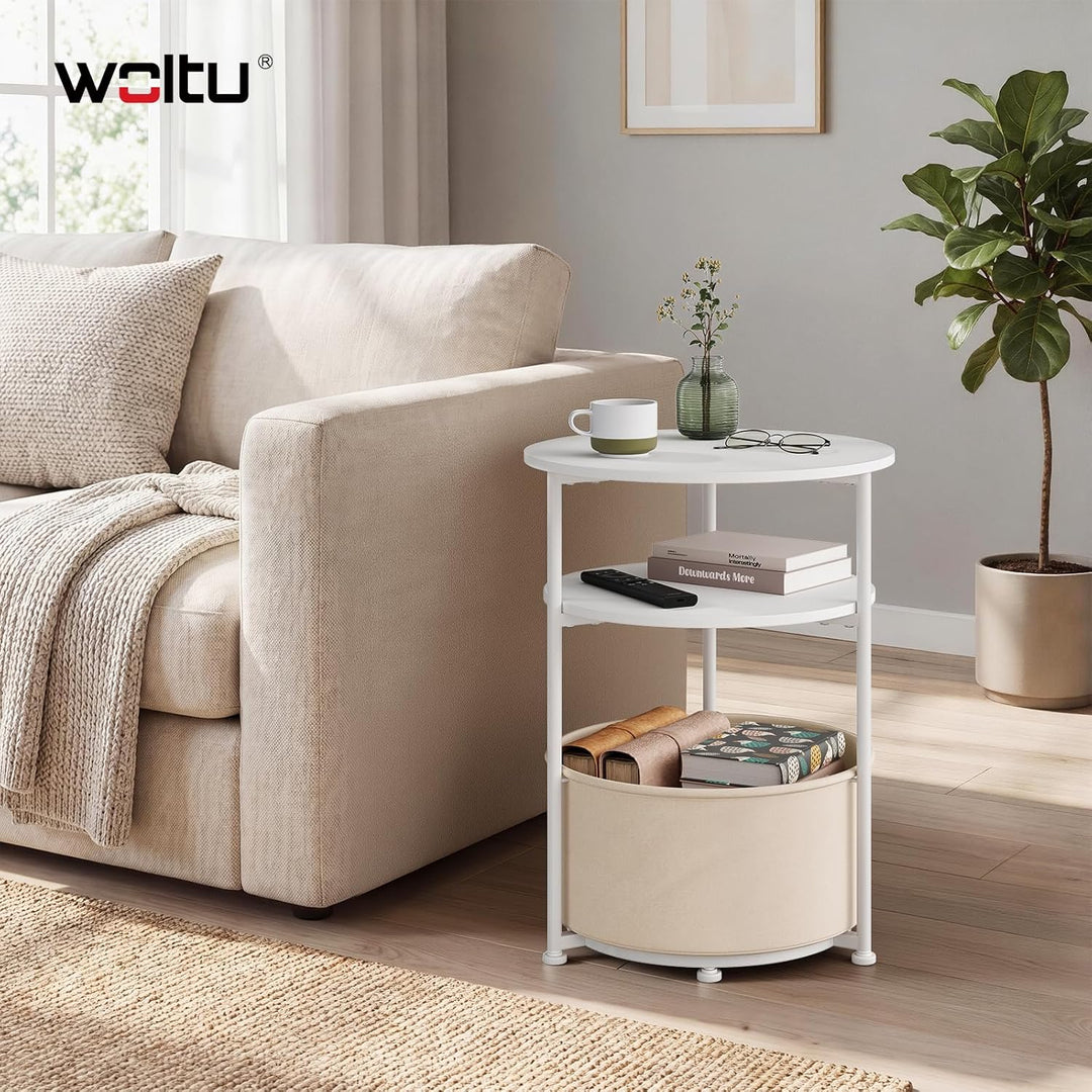 WOLTU Couchtisch rund, Kleiner Beistelltisch, mit abnehmbarem Stoffkorb, Metallrahmen, für Sofa Wohn