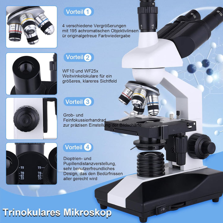 Mikroskop für Erwachsene 40x-2000x Verbundmikroskop mit Dual-LED-Beleuchtung für Schule, Zuhause, La