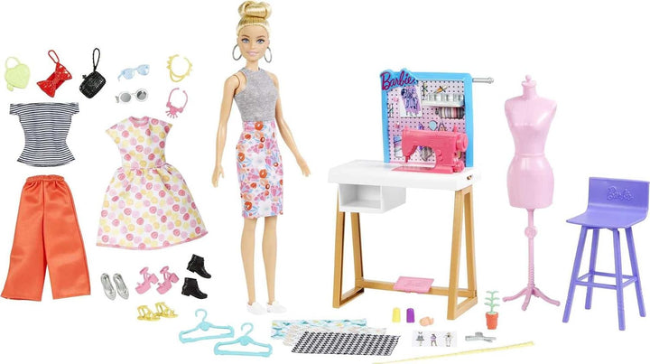 Barbie HDY90 - Modedesigner-Puppe (30,40 cm) & Studio, 25+ Design- und Modezubehör, Design-Schreibti