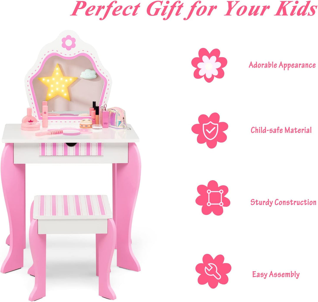 LIFEZEAL Schminktisch für Kinder, 2 in 1 Kinderfrisiertisch mit Hocker, Kosmetiktisch mit Abnehmbare