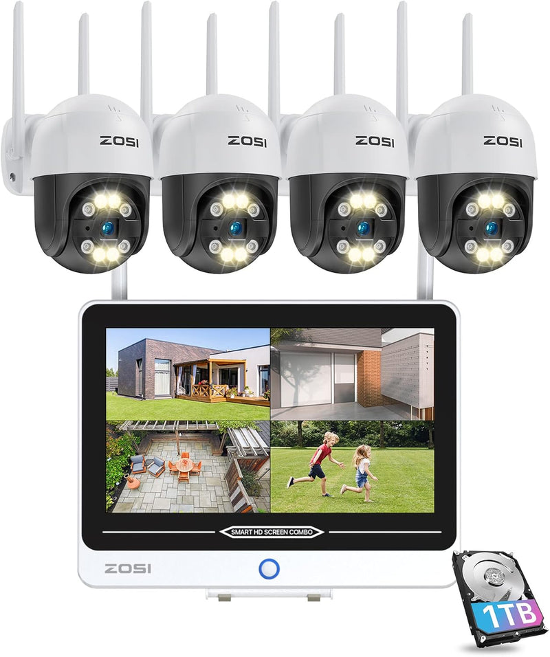 ZOSI 3MP Aussen WLAN Überwachungskamera Set mit 12.5 Zoll Monitor 4X 3MP Video WiFi Kamera und 1TB F