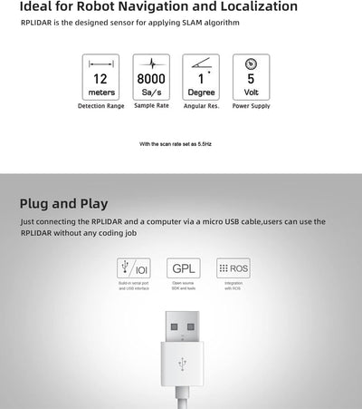 youyeetoo RPLIDAR A2M12 Lidar Sensor Scanner 16K Abtastfrequenz 360° 12M (39ft) Reichweitenradius fü