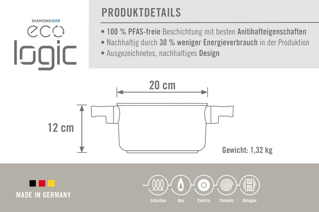 Woll Eco Logic QXR Topf, Ø 20 cm, 12 cm hoch, 3 Liter, mit 2 Holz-Seitengriffen - Geeignet für alle