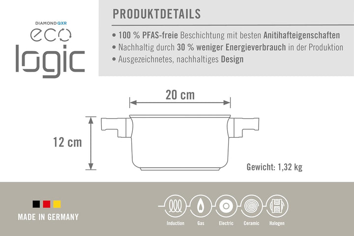 Woll Eco Logic QXR Topf, Ø 20 cm, 12 cm hoch, 3 Liter, mit 2 Holz-Seitengriffen - Geeignet für alle